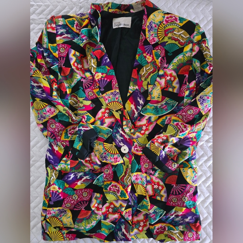 Vintage 100% Silk Dana Buchman Multicolor Fan Pattern Blazer - Picture 9 of 10